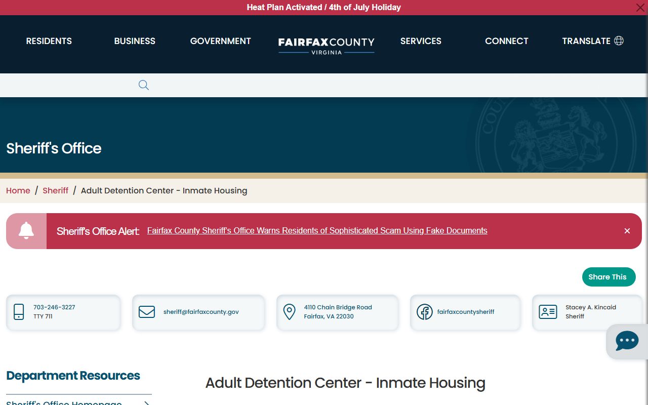 Fairfax County inmate population housing and capacity page