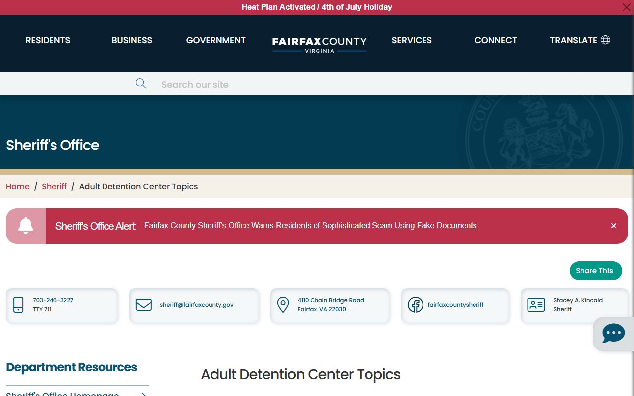 Fairfax County Adult Detention Center topics page for inmate records