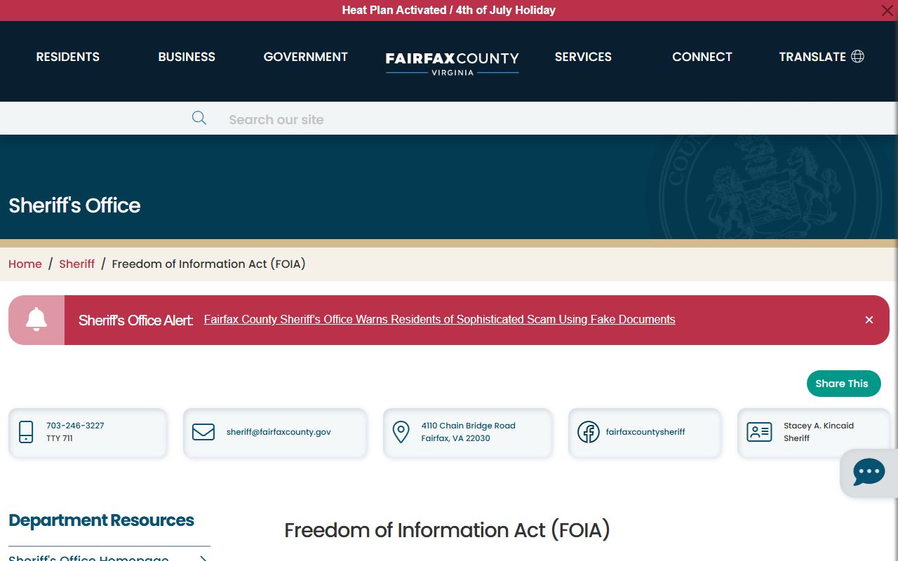Fairfax County jail mugshots Sheriff's FOIA request page