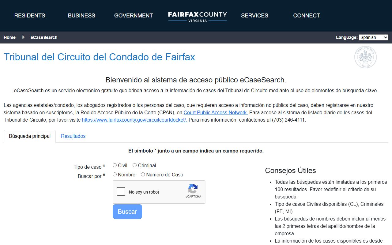 Fairfax County court records after jail arrest eCaseSearch screen